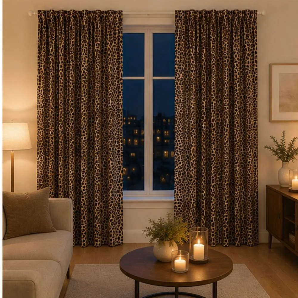 Smart Living Luxury Elegant Polycotton Lepord Print Curtains in Light Brown 1