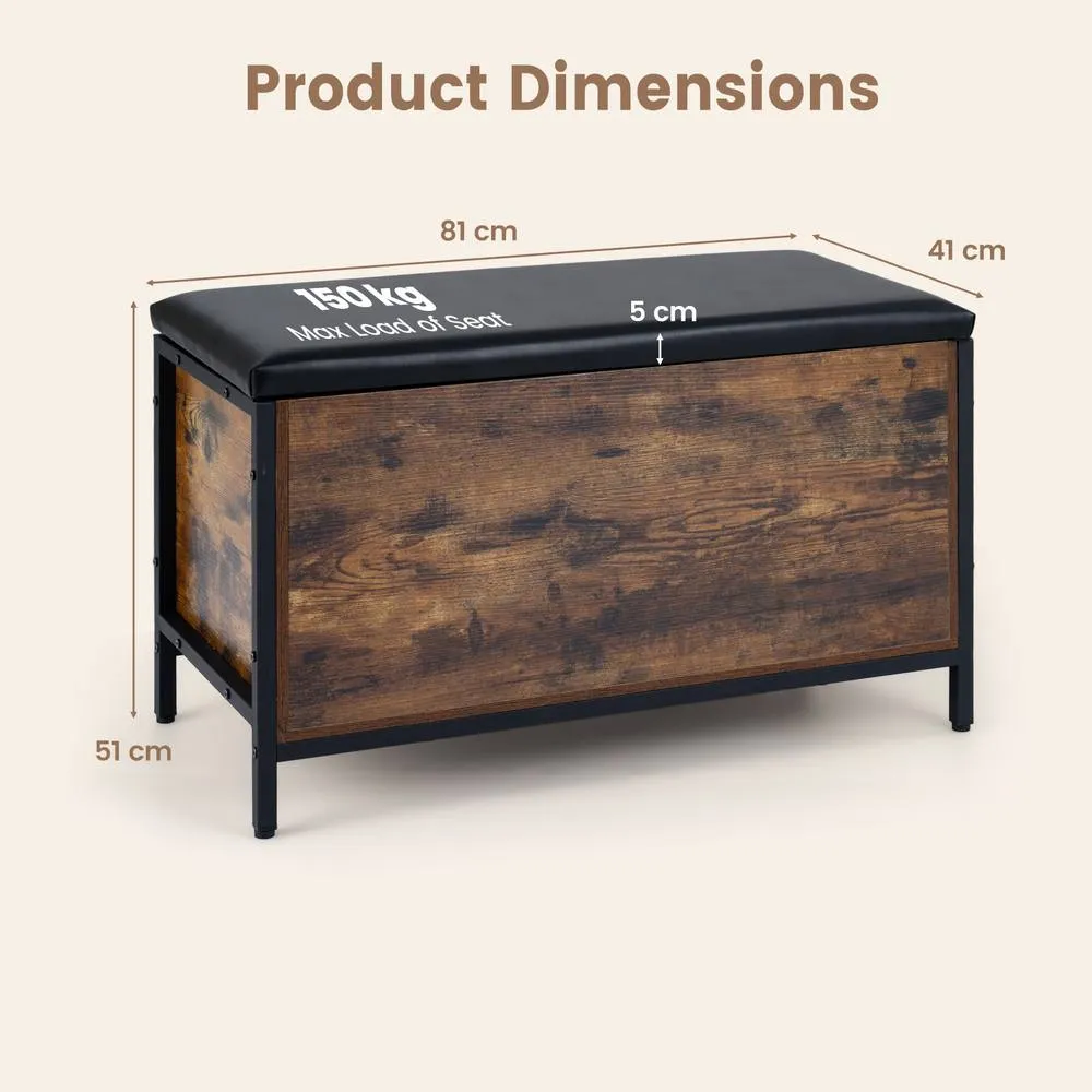 Costway Storage Chest Industrial Shoe Bench with Faux Leather Padded Seat in Brown 2