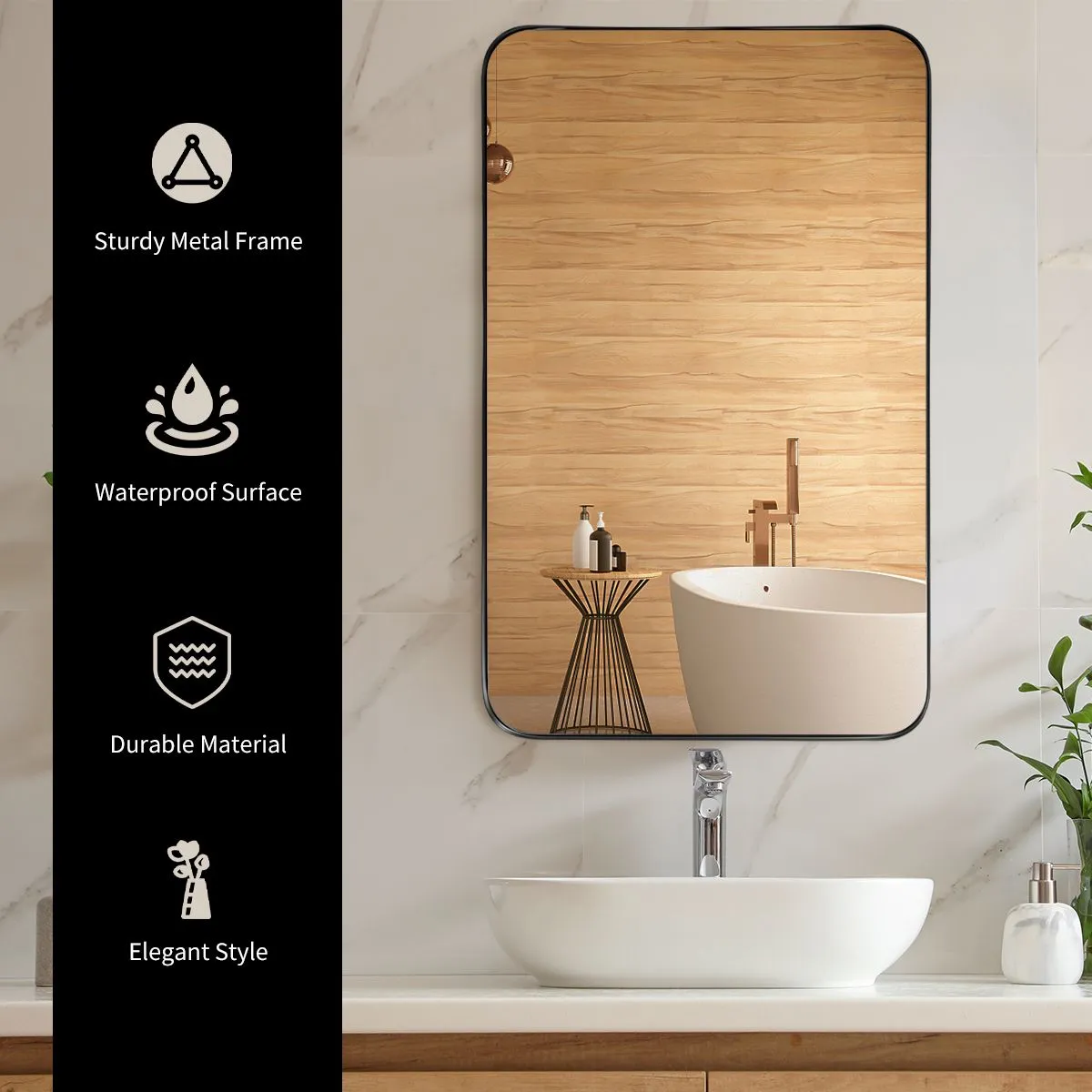 Costway 81 x 51cm Bathroom Wall Mirror Rectangular Wall Hanging Mirror Rounded Corner in Black 4