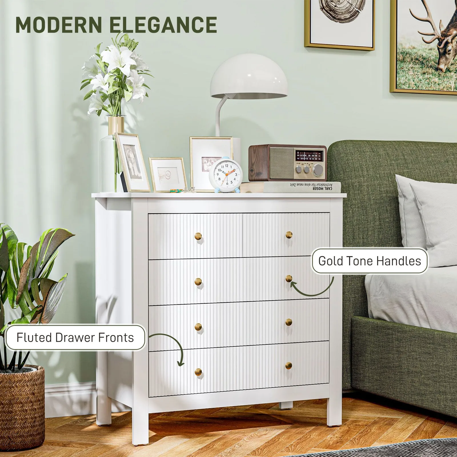 HOMCOM Fluted Bedroom Chest of Drawers w/ 5 Drawers Gold Tone Handles in White 6