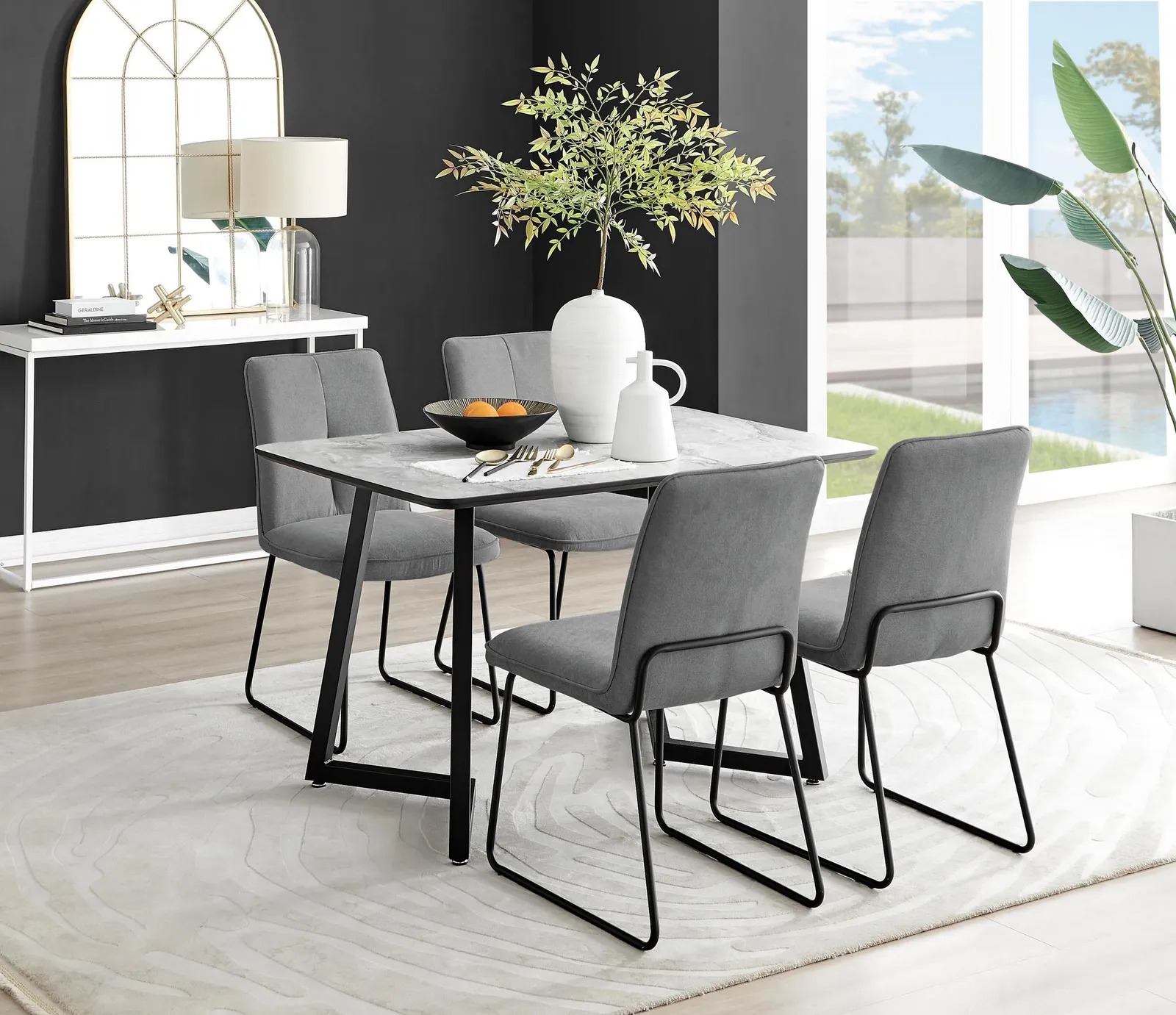 FurnitureboxUK Carson White Marble Effect Dining Table & 4 Halleyy Chairs in Dark Grey