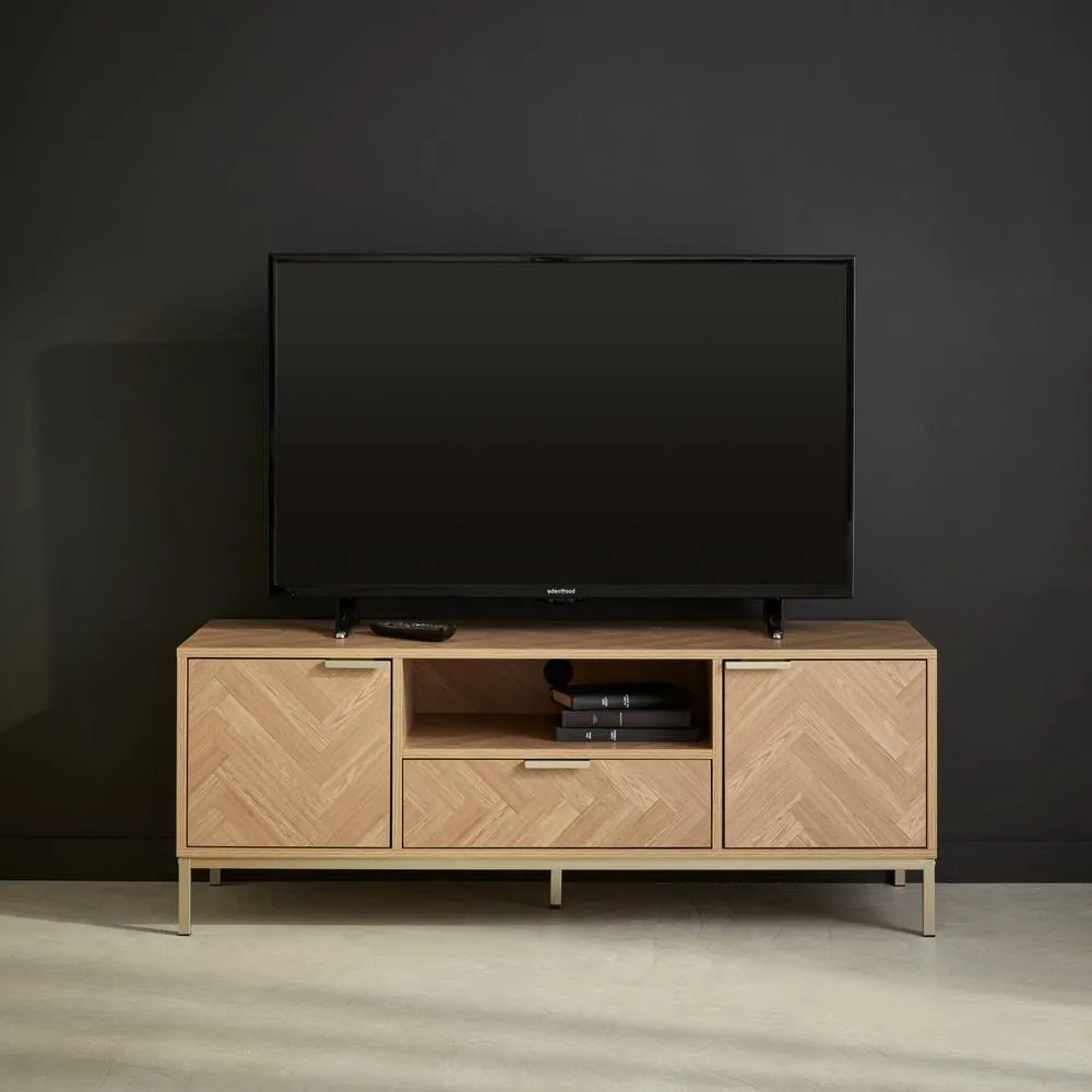 sweeek 120cm Tv Unit 2 Cupboard Herringbone 1 Drawer in Light Brown