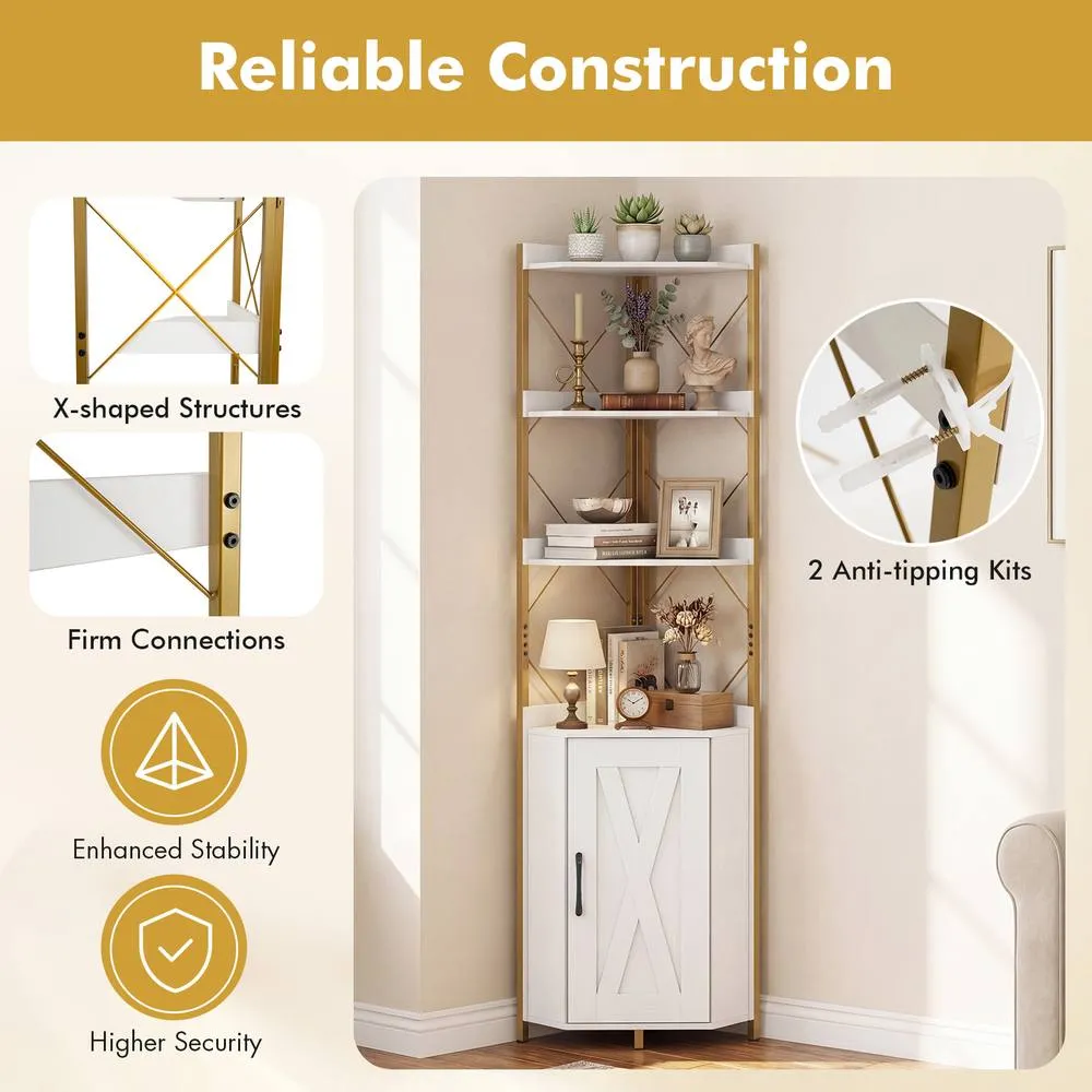 Costway Modern Corner Shelf 180cm Tall Corner Cabinet Bookshelf Display Rack in White 6