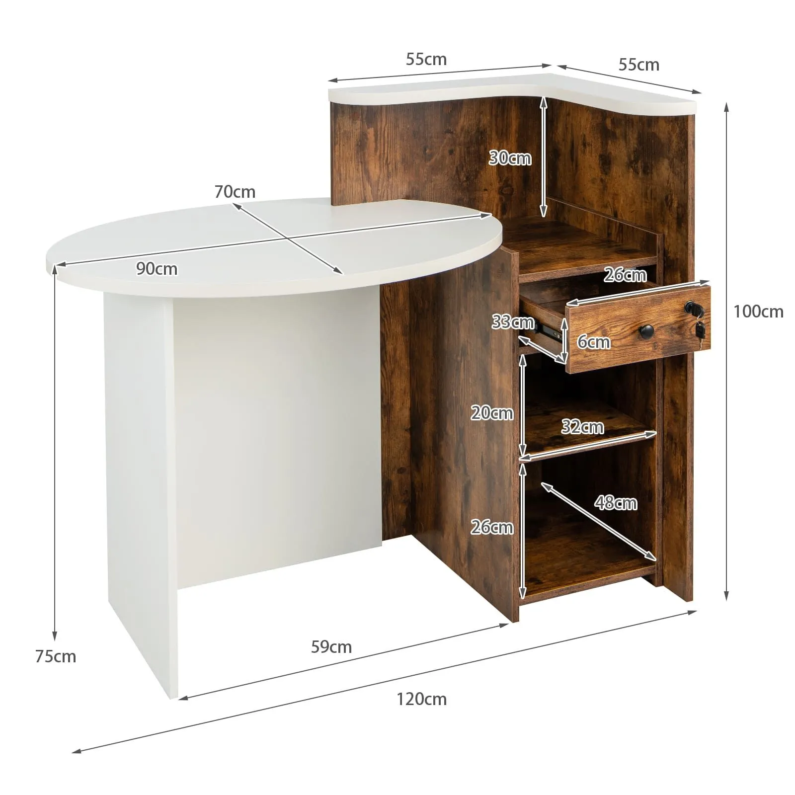 Costway Reception Desk Front Counter Desk w/ Lockable Drawer in White 2