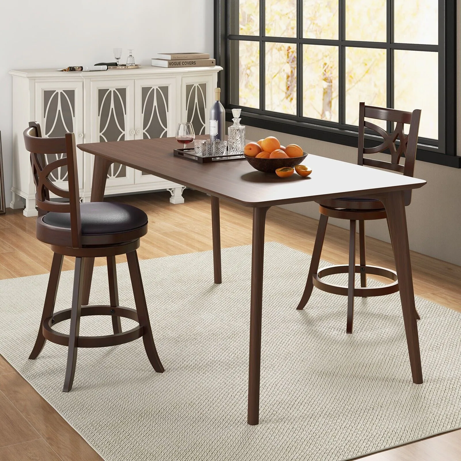 Costway Set of 2 Bar Stools Counter Height Chair Pub 360 Swiveling Upholstered Seat 24" in Brown 4