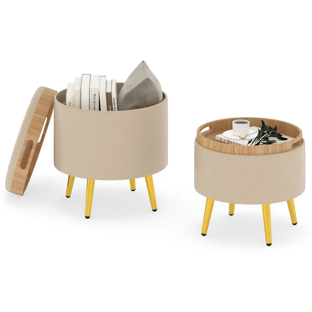 Costway Storage Ottomans Set of 2 Leather Upholstered Round Footrests in Beige