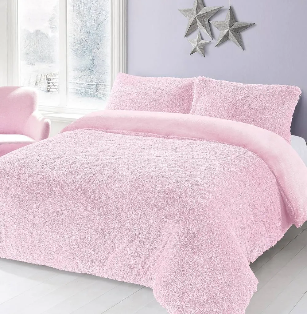 Homes-Linen Alaska Long Fur Teddy Fleece Duvet Cover Set Soft Warm Cosy Bedding in Pink