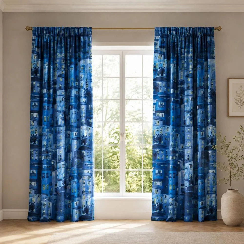 Smart Living Rural Italy Curtains Pair with Tie Backs - Mediterranean Village Print in Teal