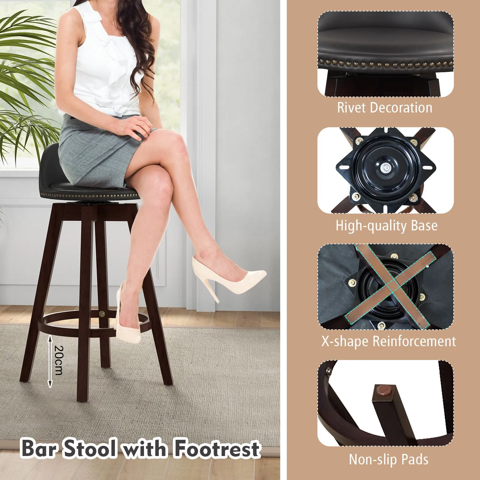 Costway Set of 2 Bar Stools PVC Leather Counter Height Chair 360° Swivel Padded Seat in Black 5