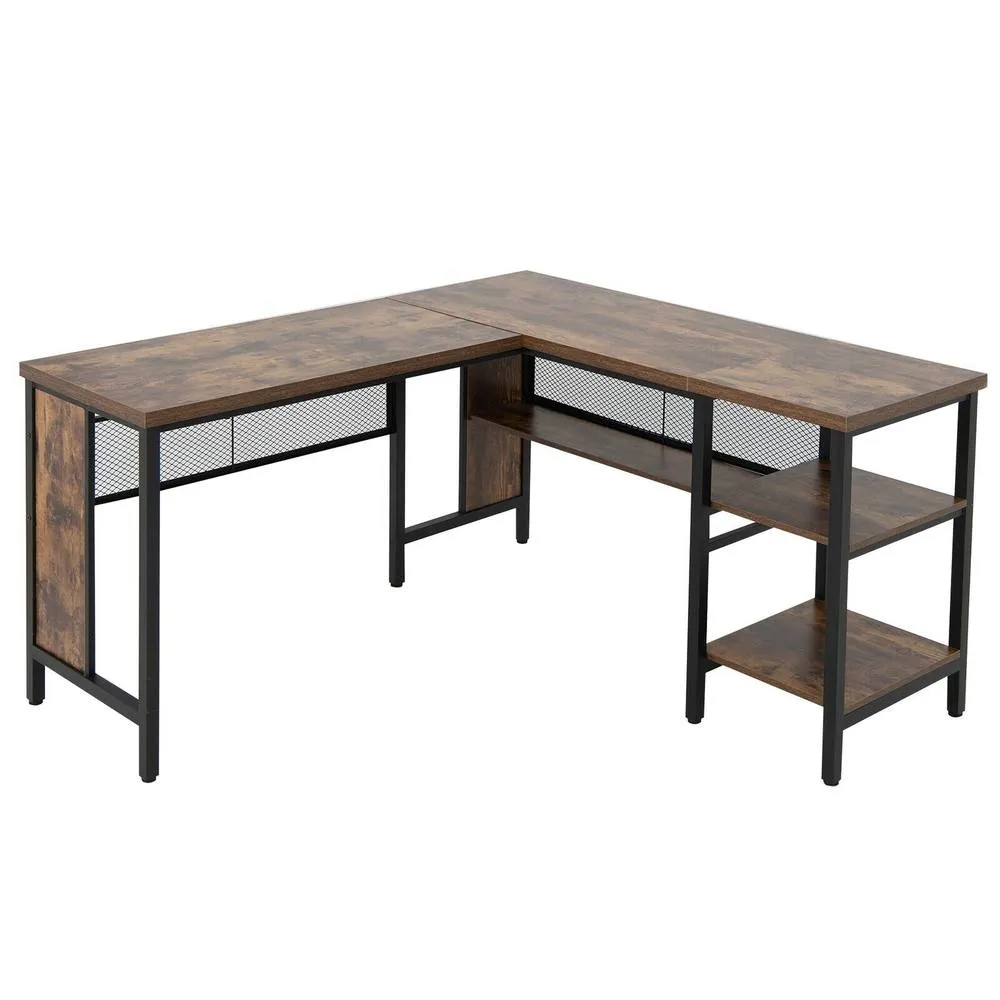Costway L-Shaped Corner Computer Desk 150cm Large Corner Desk Workstation 2-Tier Shelves in Brown 2