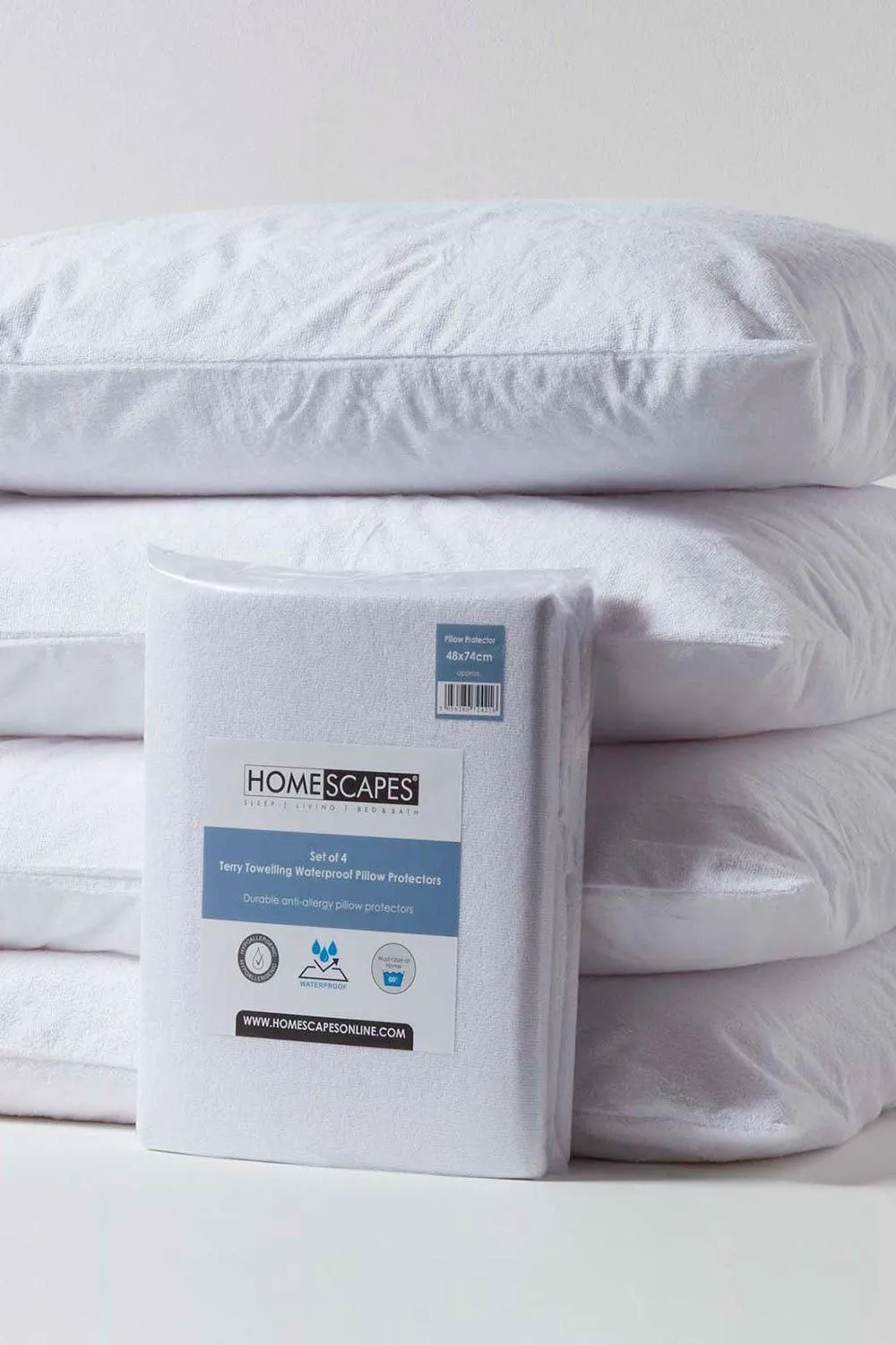 Homescapes Terry Towelling Waterproof Pillow Protectors Standard Size, Pack of 4 in White
