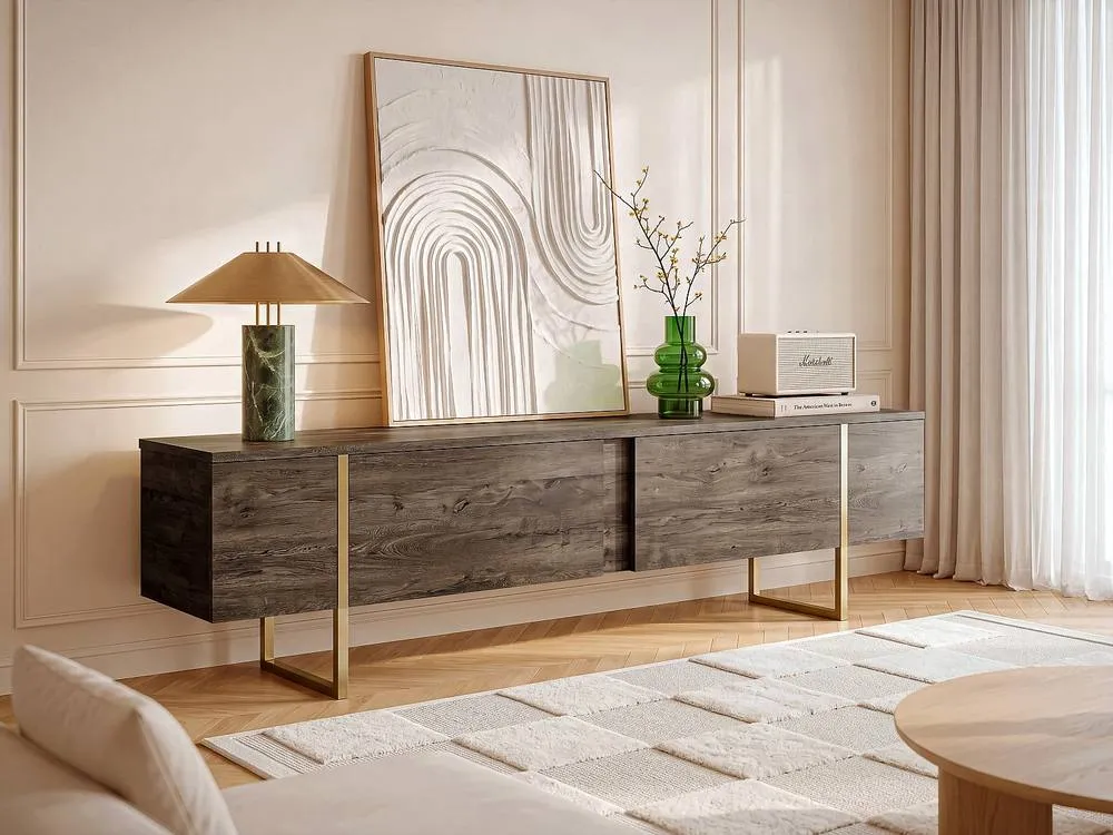 Vente-unique TV Unit With 2 Doors - Dark Natural & Gold - ZIRELDA in Walnut