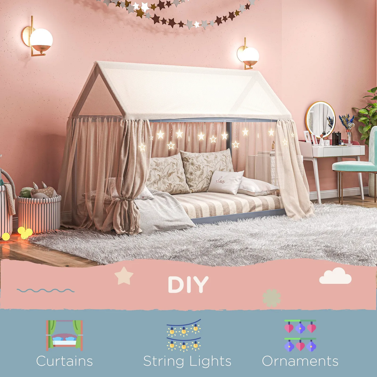 HOMCOM Wooden Single Bed Frame with Tree House Style in Grey 6