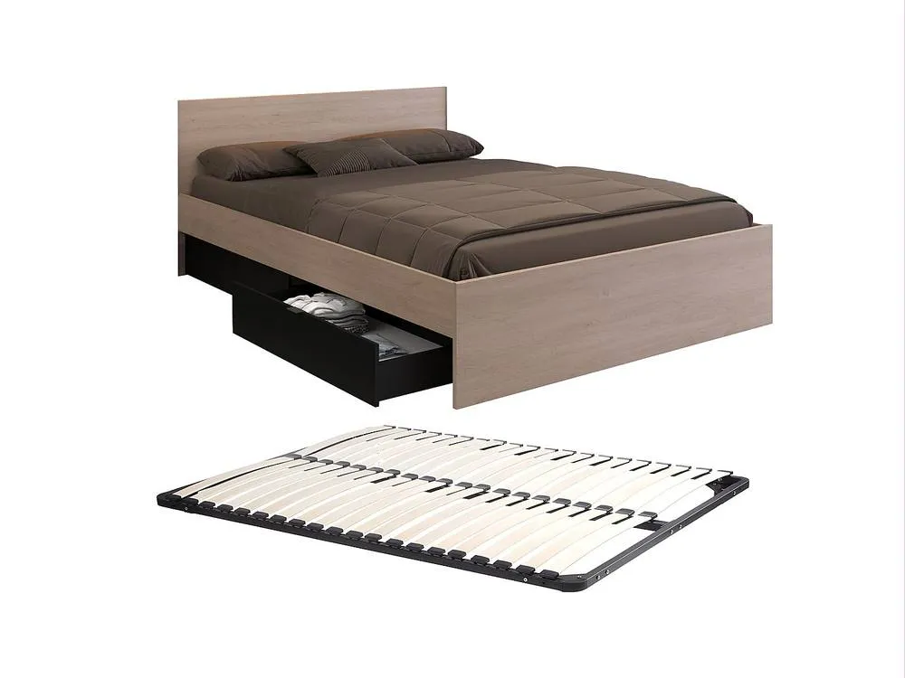 Vente-unique Bed With 2 Drawers 140 X 190 Cm - Natural & Black + Bed Base 2