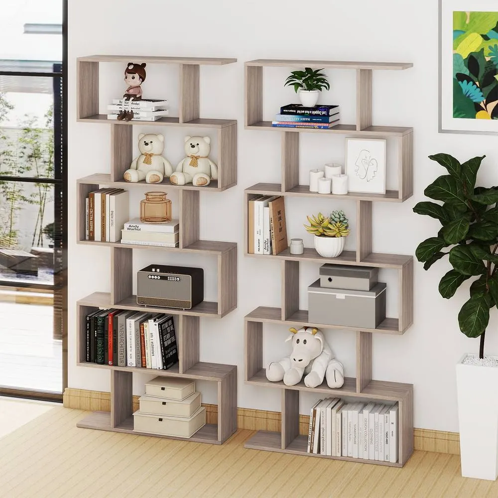 Costway 6-tier Bookcase S-Shaped Bookshelf Wooden Storage Display Rack in Light Oak 5