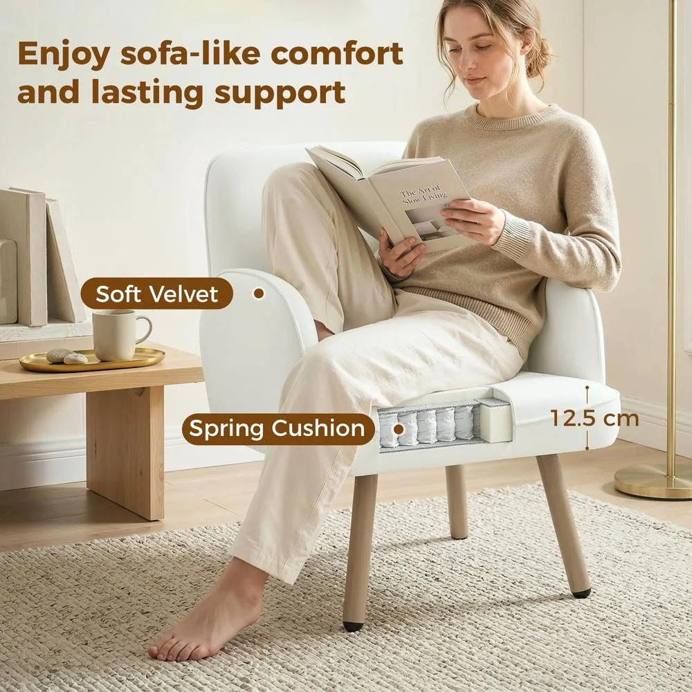HOMCOM Lounge Chair Velvet Upholstered Spring Cushion Cream White 4