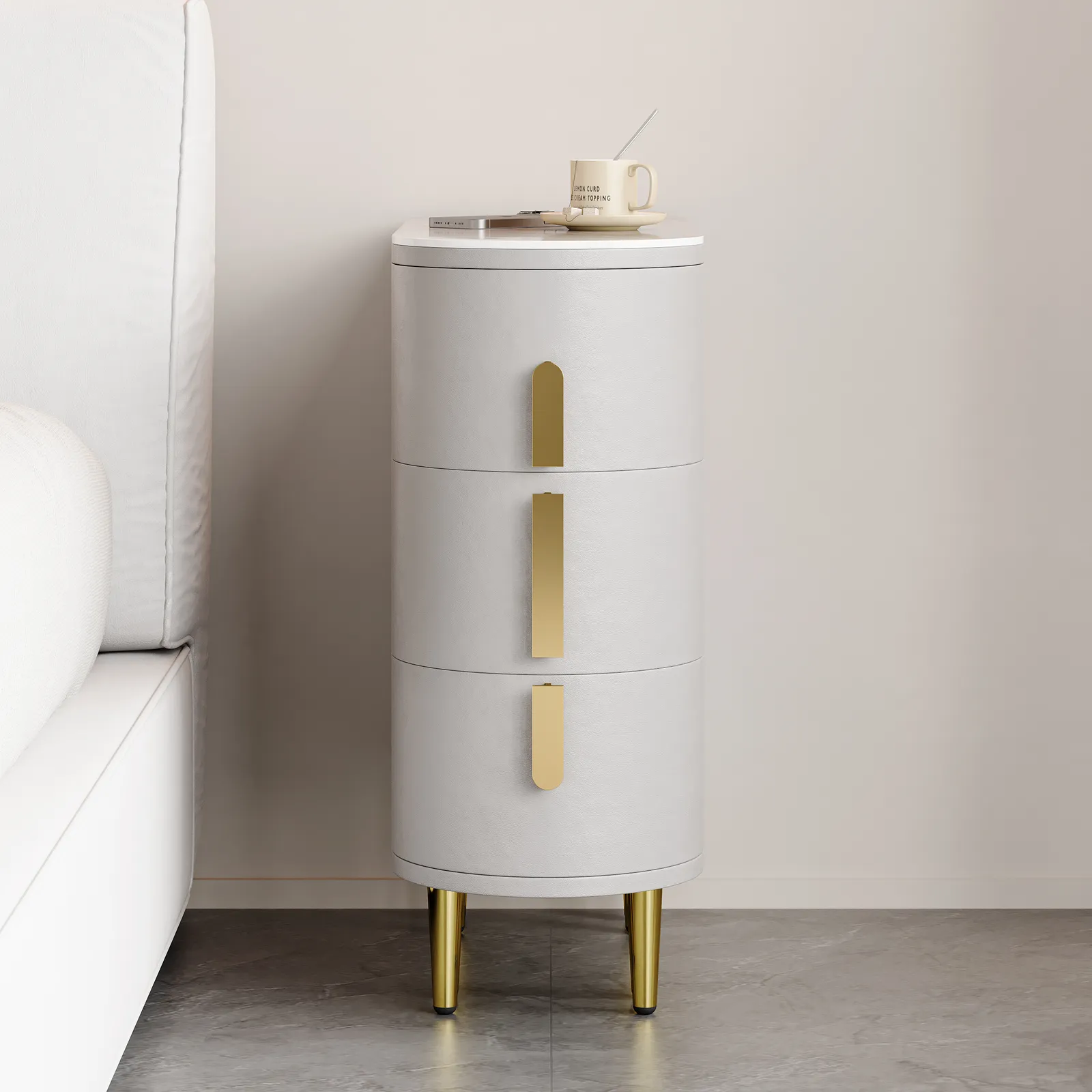 Modern Gray Narrow 3 Drawer Nightstand Sintered Stone Top Bedside Table Set of 2