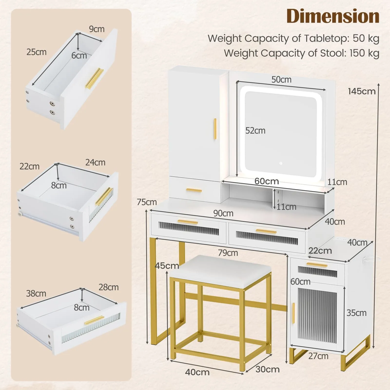 Costway Modern Vanity Set Dressing Table & Chair Set w/ Adjustable Brightness in White 5