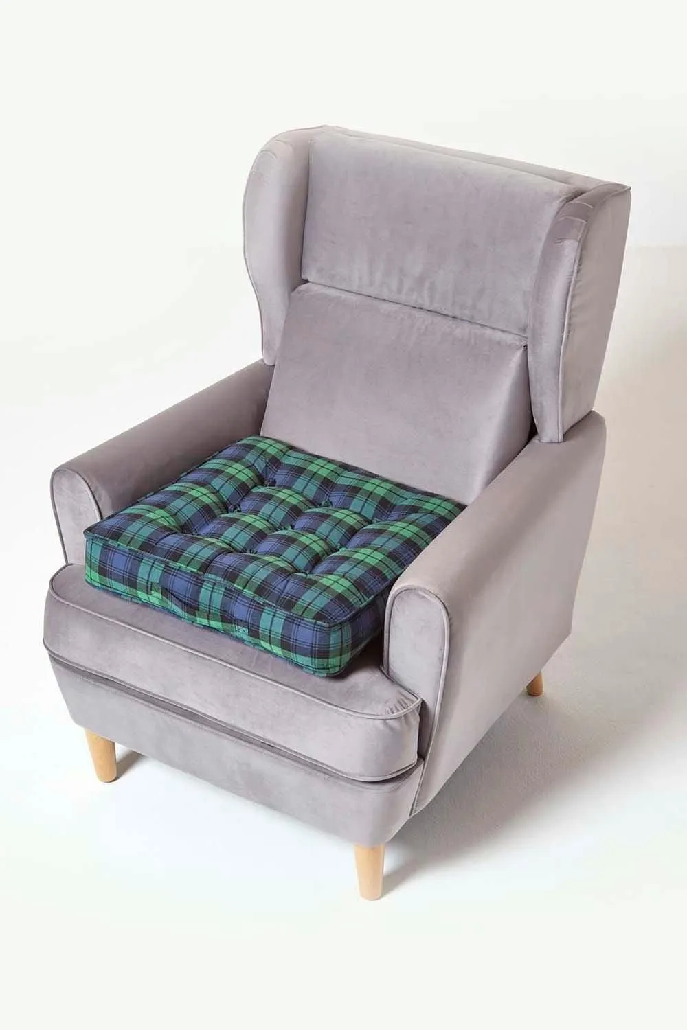 Homescapes Black Watch Tartan Cotton Armchair Booster Cushion in Green 6