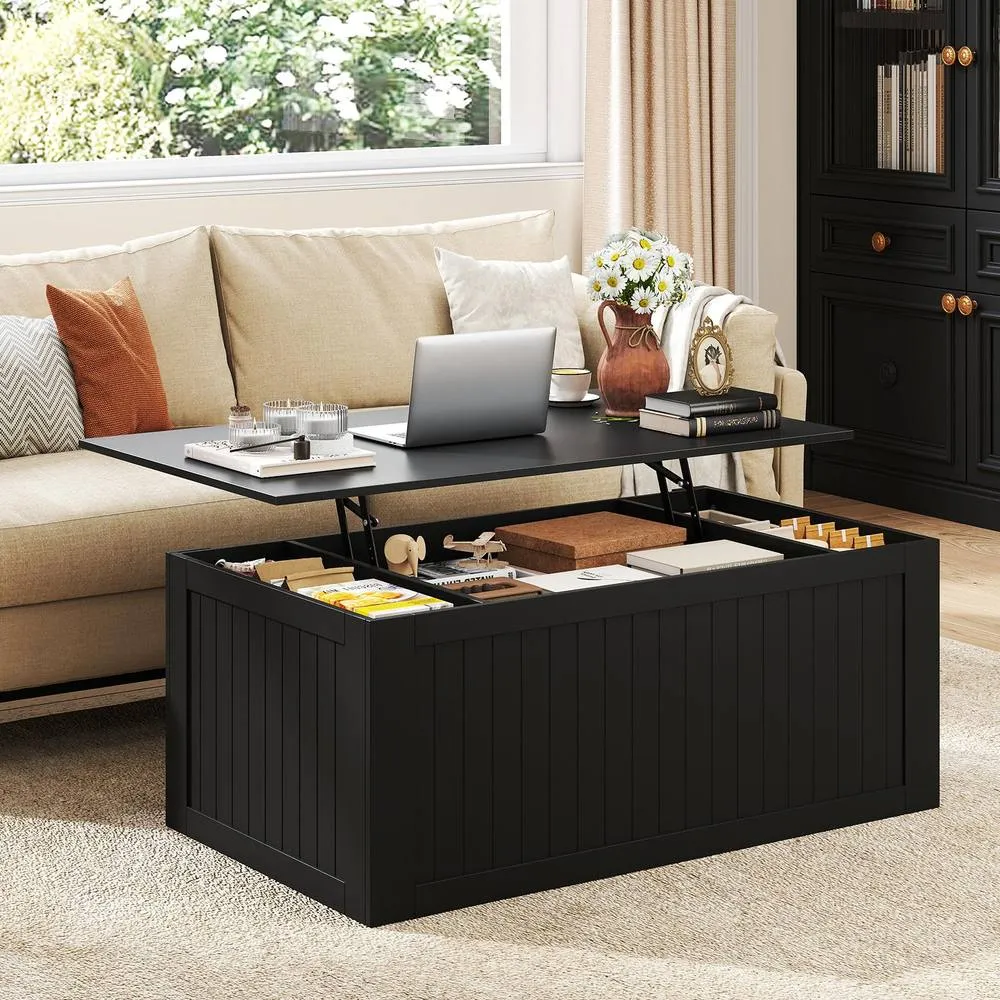 Costway 120 cm Farmhouse Center Table Lift Top Coffee Table with Doors Black 3