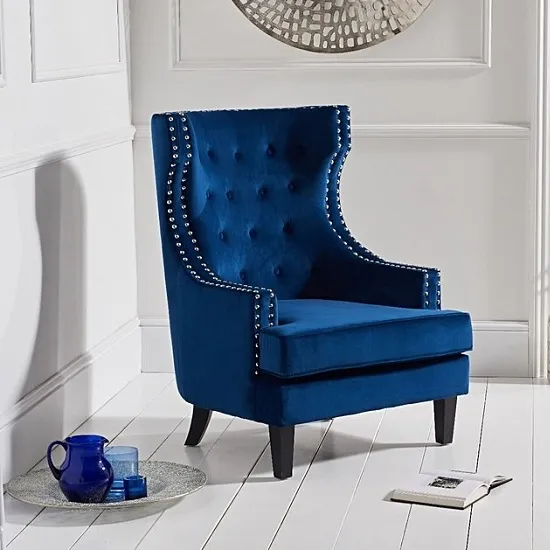 Irina Modern Accent Chair In Blue Velvet With Black Legs