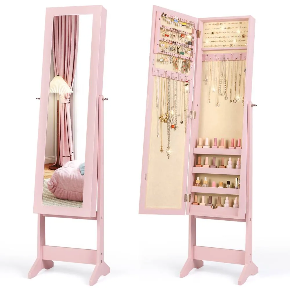 Costway Mirrored Jewelry Armoire Standing Jewelry Cabinet in Pink 3