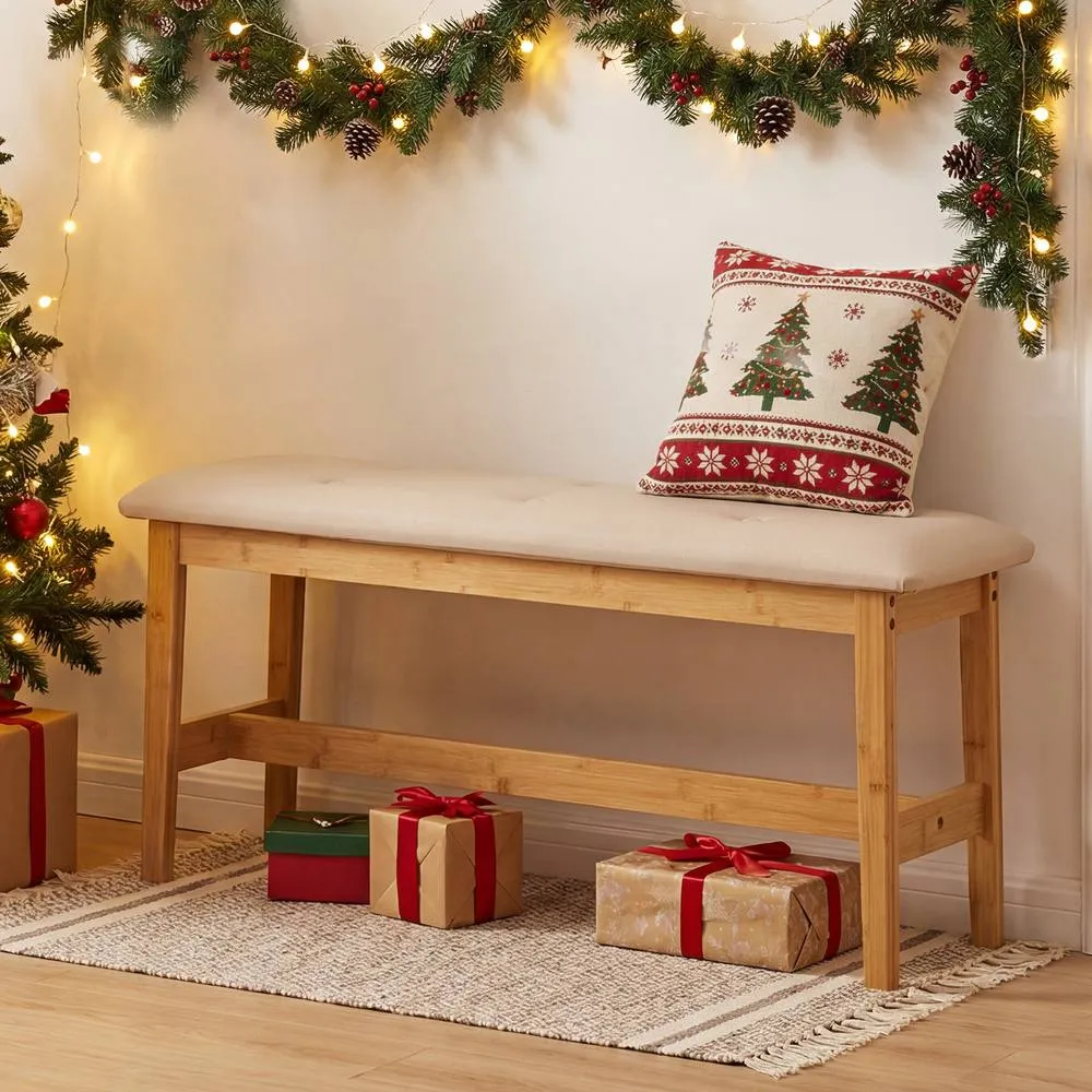 Costway 100CM Upholstered Bench Button Tufted End of Bed Bench w/Padded Seat in Natural 4