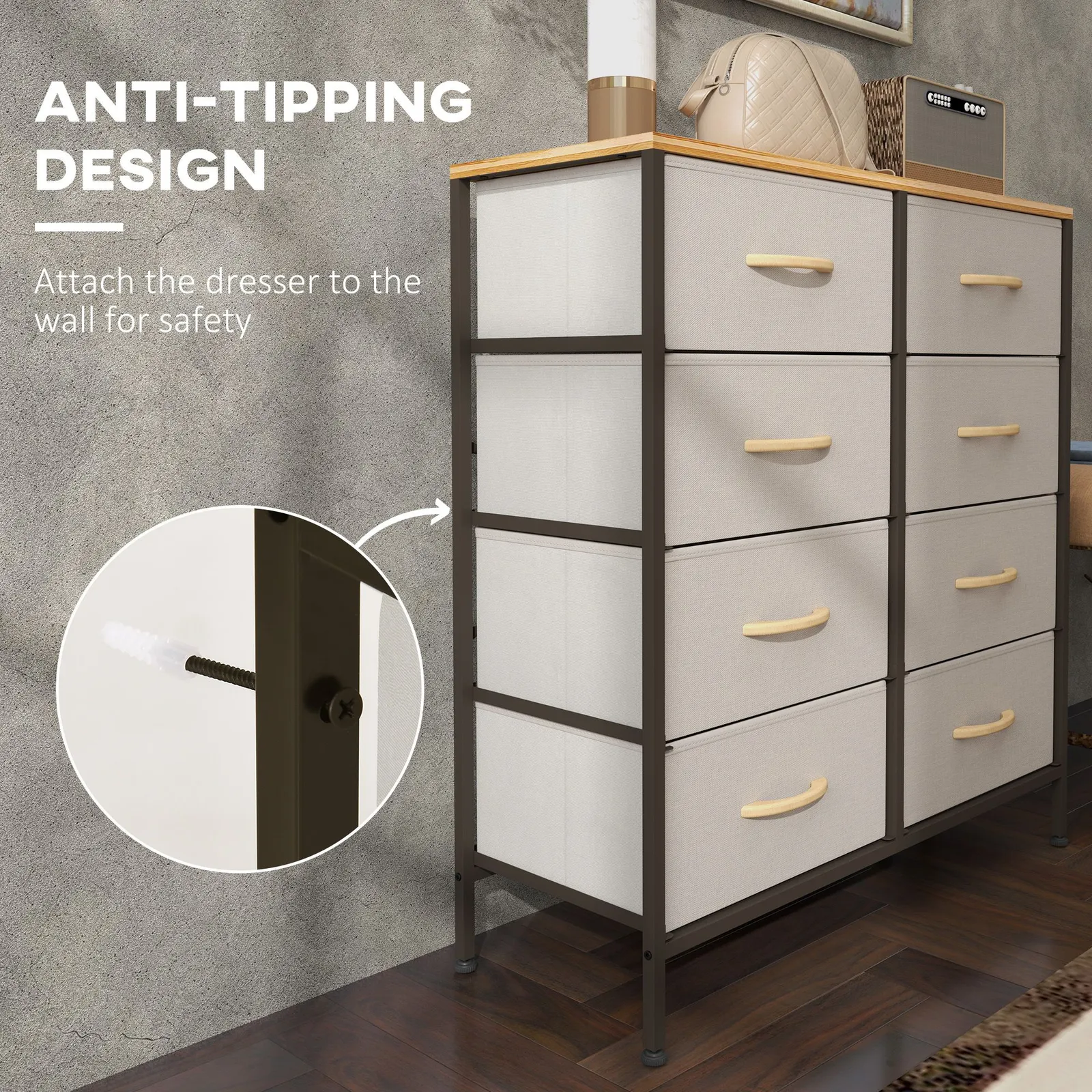 HOMCOM 8 Drawer Fabric Chest of Drawers w/ Wooden Top for Hallway Cream in Off-White 5