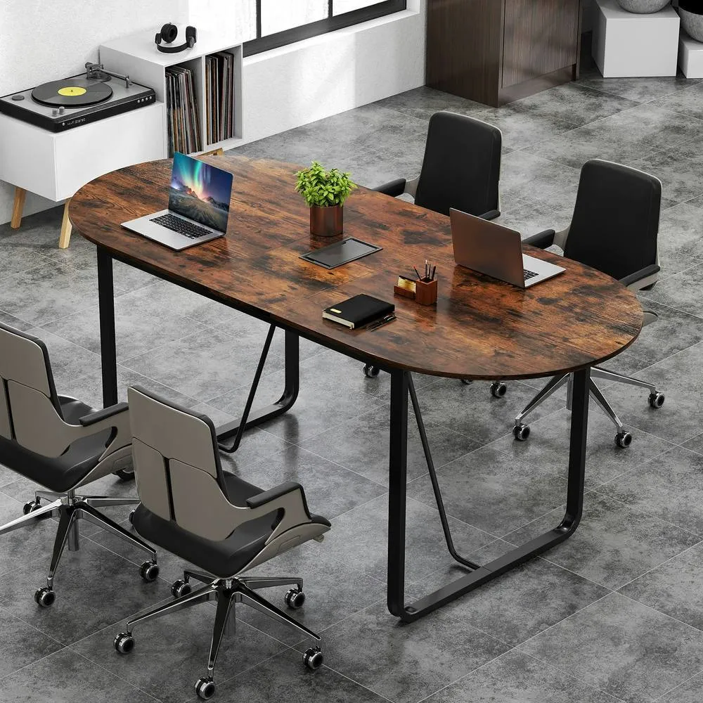 Costway 180 CM Executive Table Oval Home Office Table w/Metal Frame-Brown in Brown 3