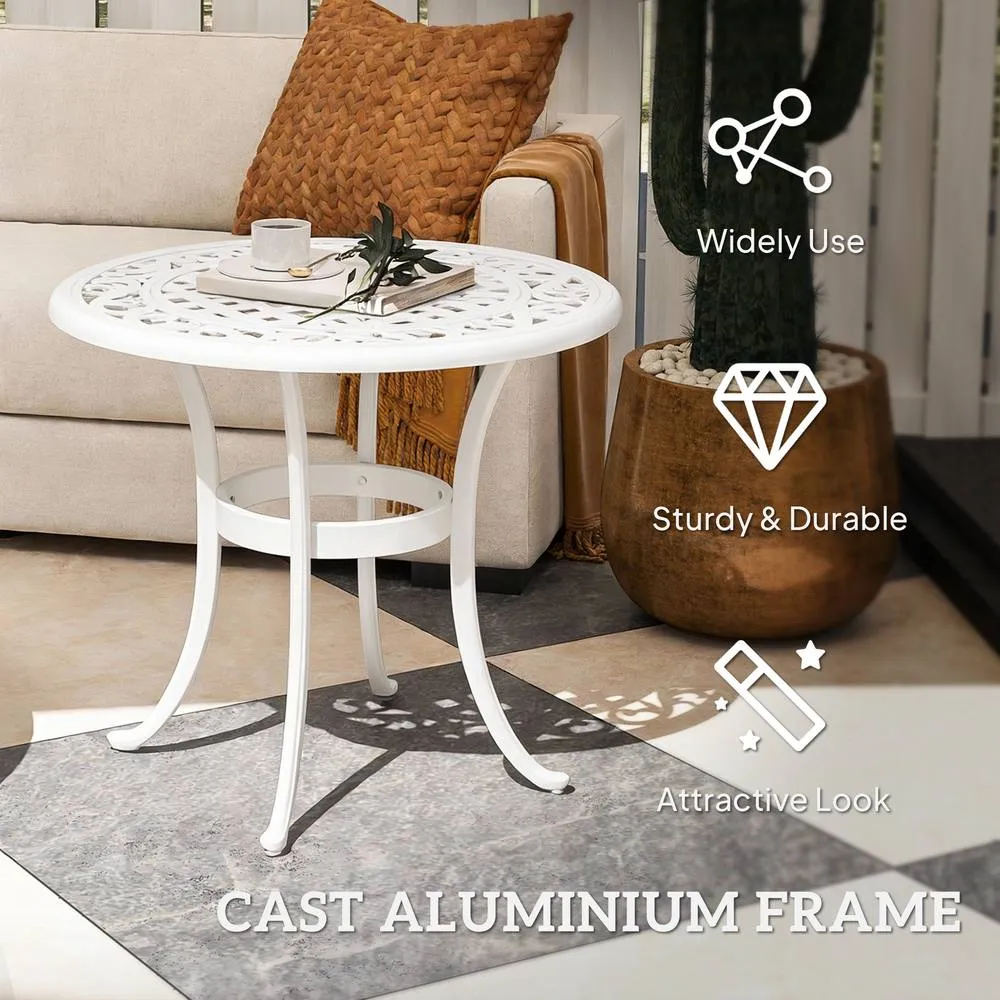 OUTSUNNY 60cm Round Garden Table with Cast Aluminium Frame, White 5
