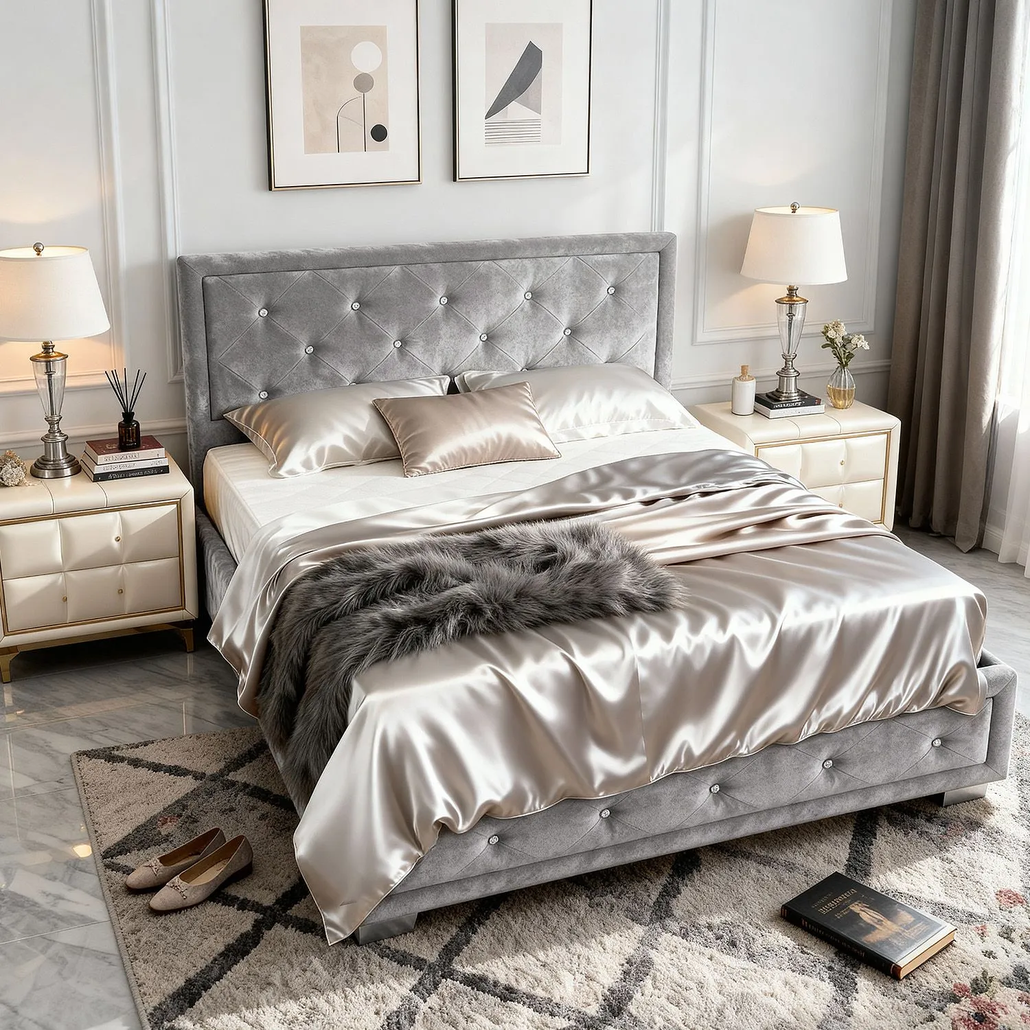 Comfy Living Ltd Fabric Silver Crushed Velvet Dimante Bedframe 1