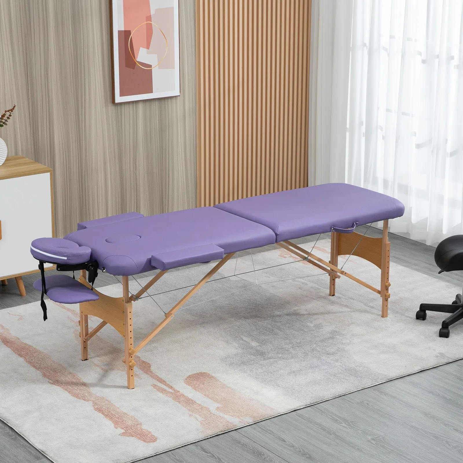 HOMCOM Wooden Folding Spa Beauty Massage Table w/ 2 Sections, Carry Bag in Purple 1