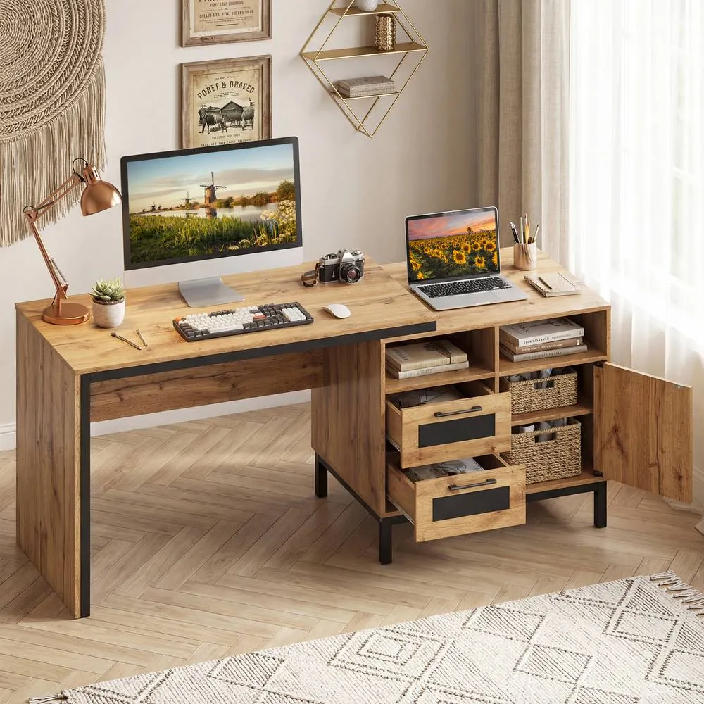 Costway 181cm Executive Desk Wooden Computer Table Workstation w/ Drawers in Natural