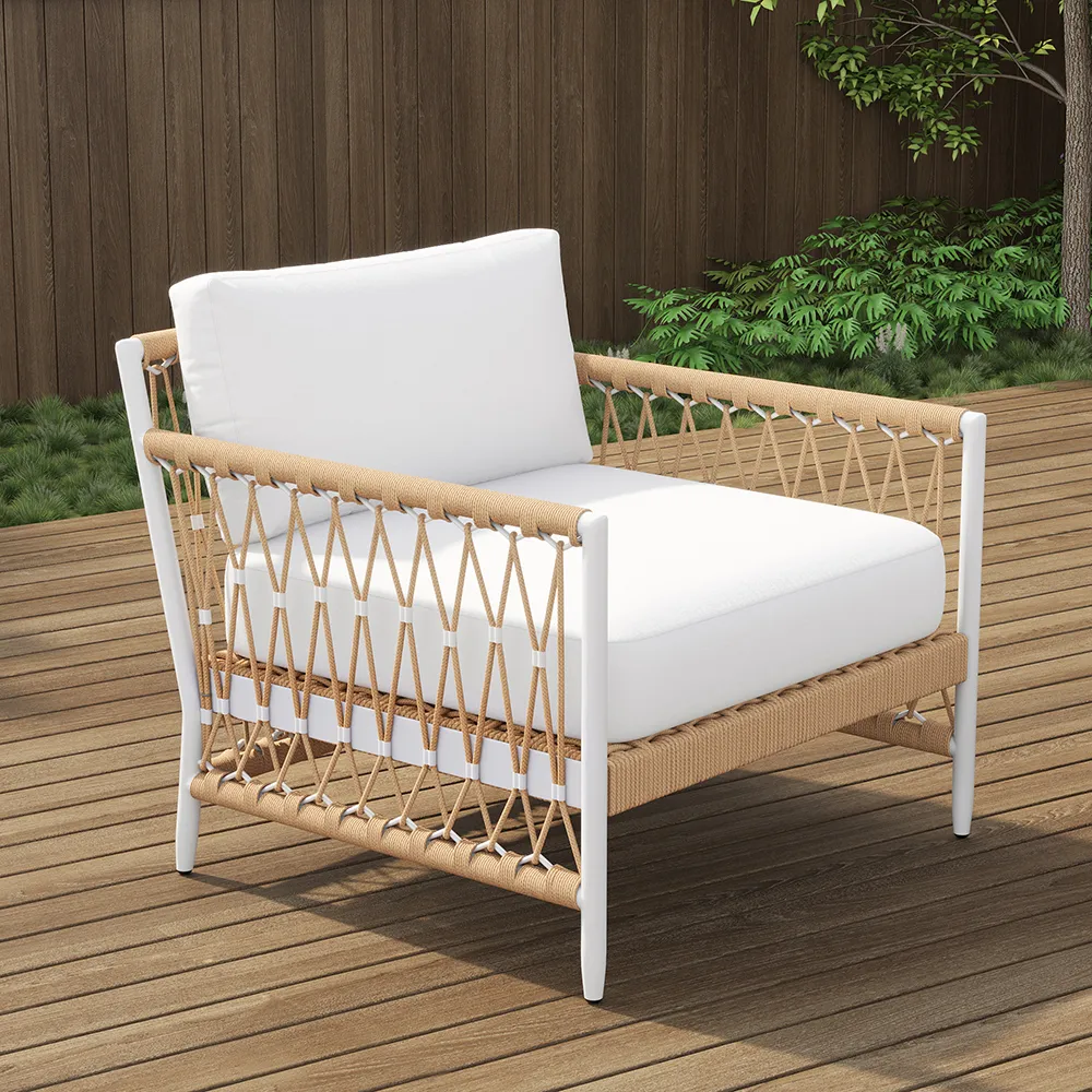 Woven Rope Outdoor Armchair Accent Chair Boho Yard & Patio Furniture in White Cushion & Pillow Included