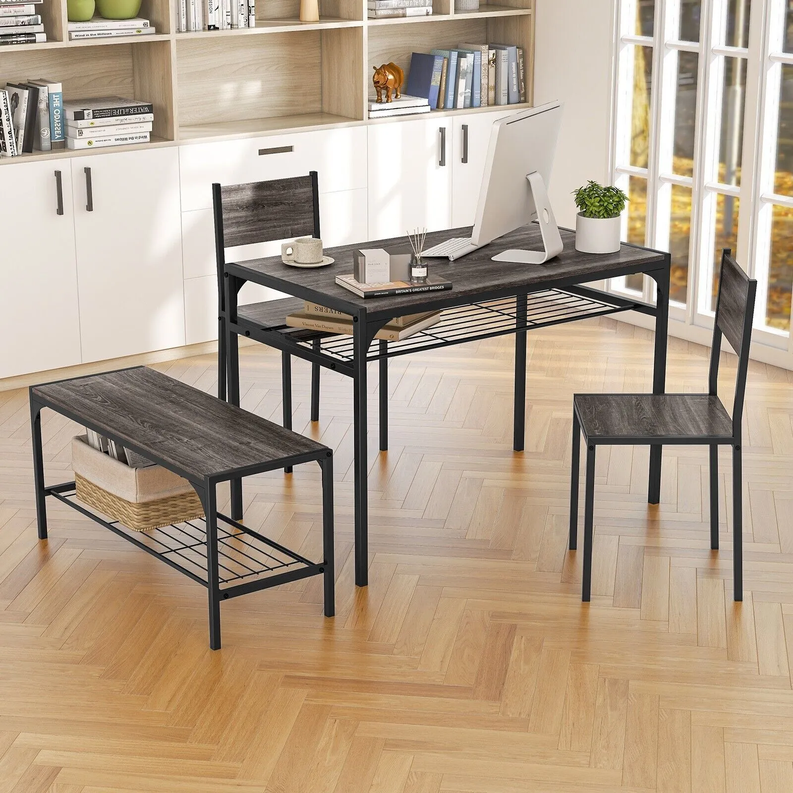 Costway 4PCS Dining Table Set Industrial Rectangular Kitchen Table w/ Chairs in Grey 4
