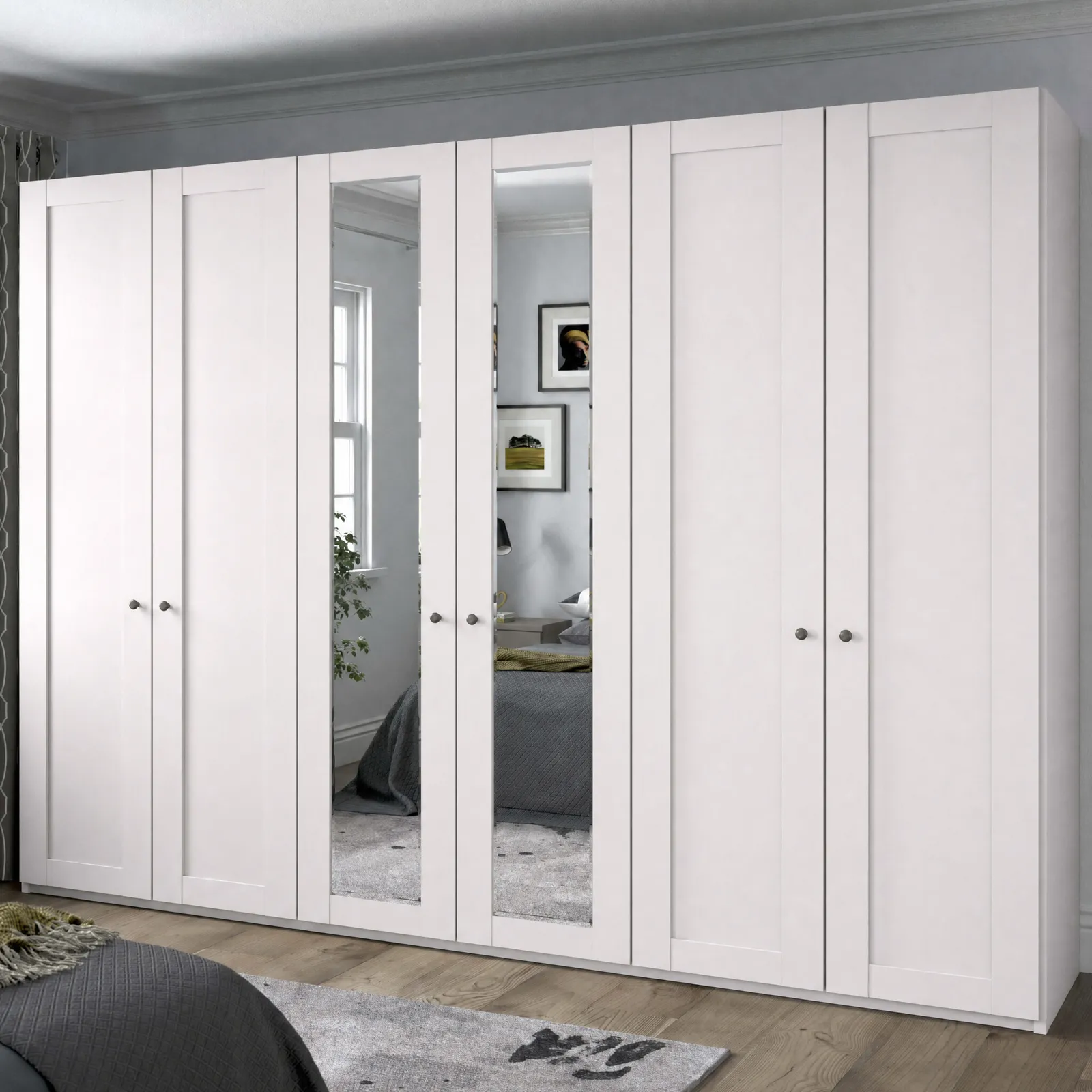 Varese 6 Dr Hinged Wardrobe W300Cm 2 Centre Mirror Dr, White | Barker & Stonehouse 2