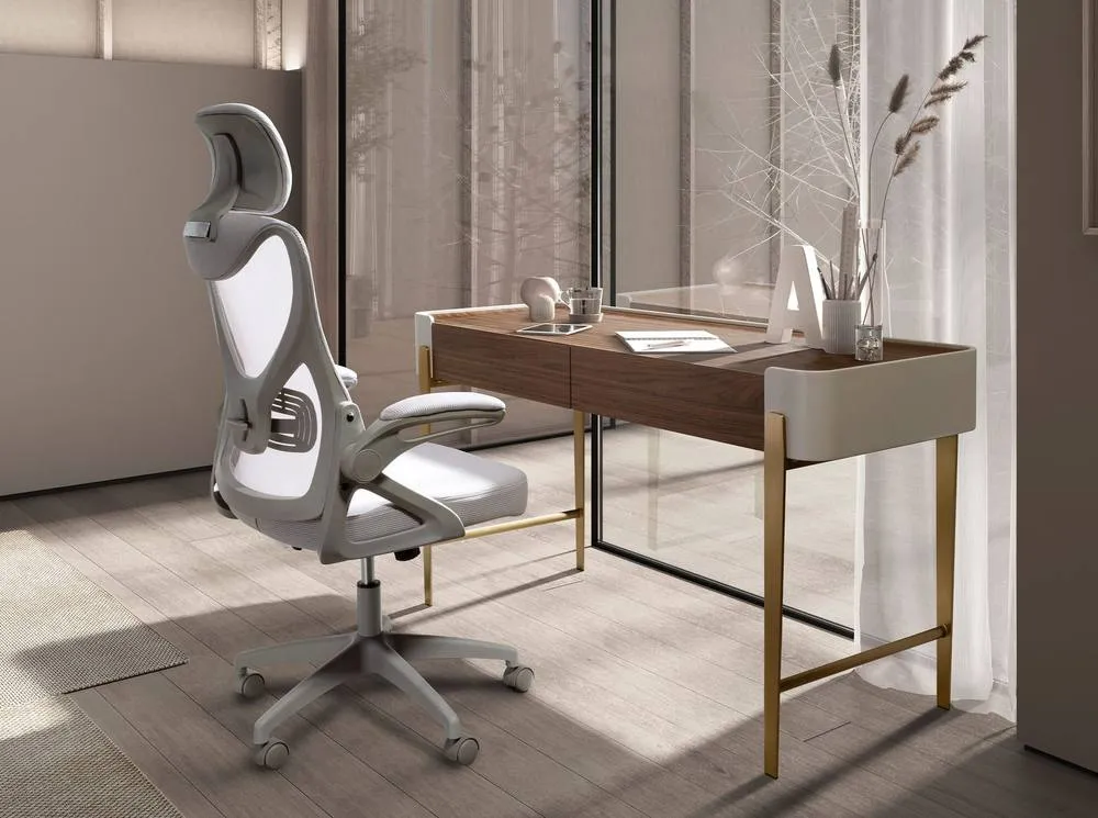 Angel Cerda Walnut Veneer Desk with Beige Lacquer & Gold 3