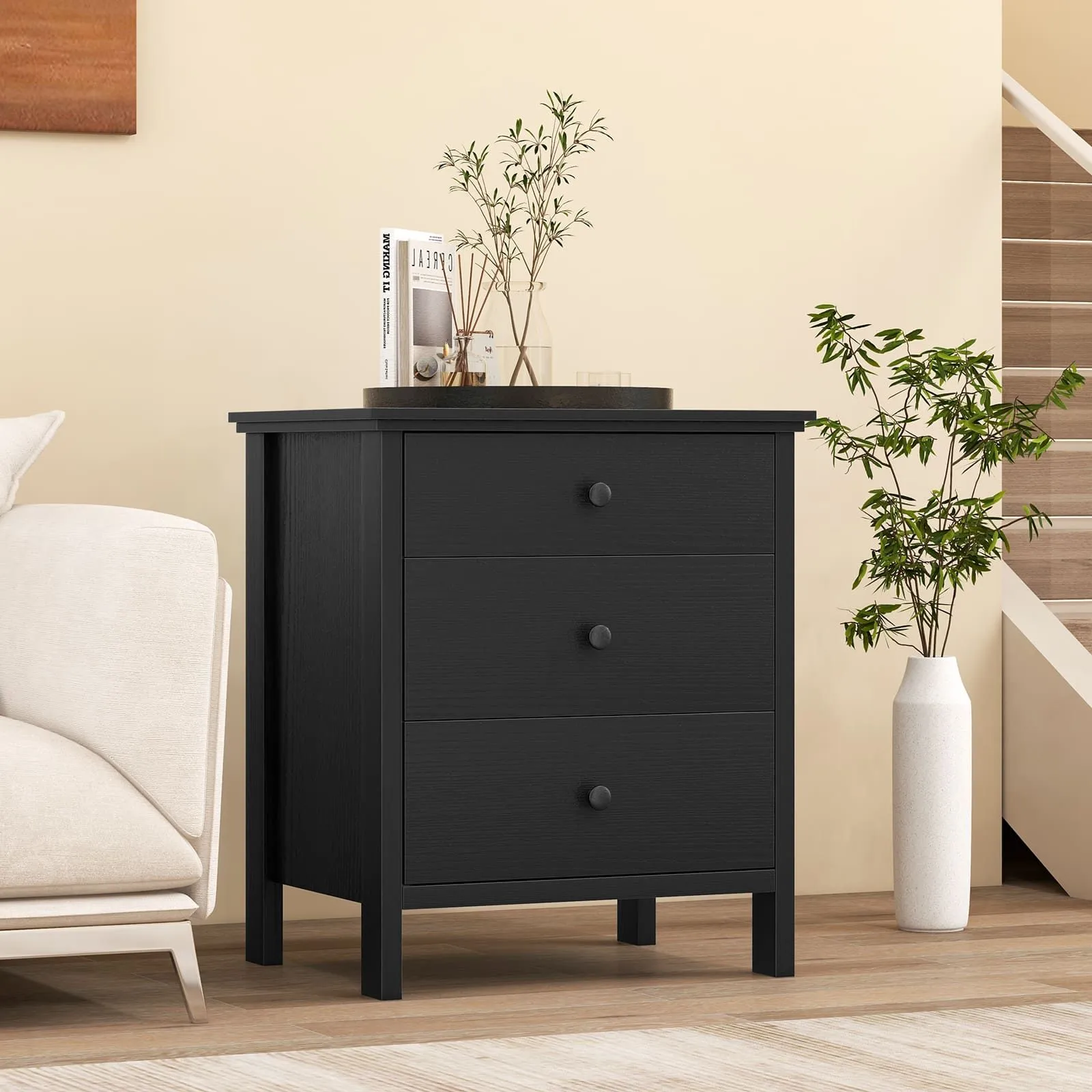 Costway Bedroom Nightstand Compact Storage Chest w/ 3 Drawer-Black in Black 5