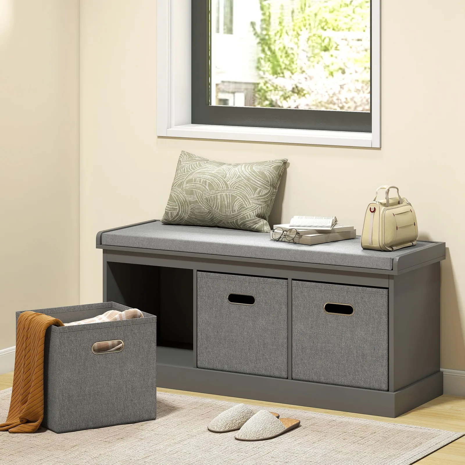 HOMCOM Shoe Bench with 3 Fabric Baskets, Shoe Storage Bench with Seat Cushion, Shoe Cabinet for Entryway, Hallway, Living Room, Bedroom in Grey