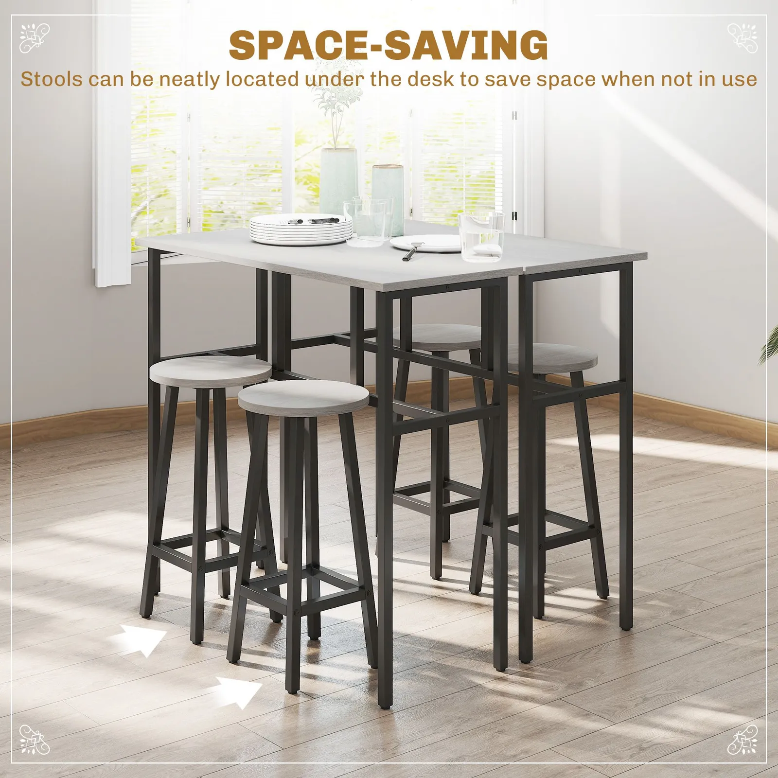 HOMCOM 6-Piece Bar Table Set, 2 Breakfast Tables with 4 Stools, Counter Height Dining Tables & Chairs for Kitchen, Living Room in Grey 5
