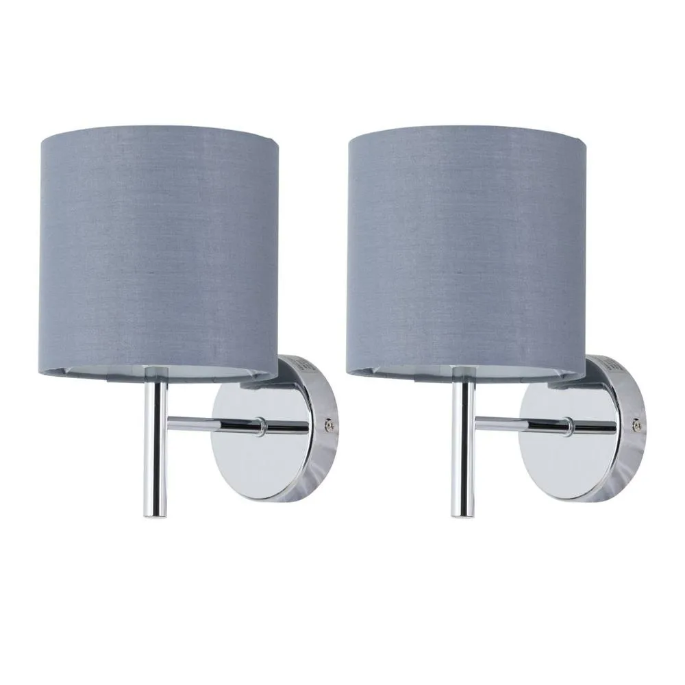 First Choice Lighting Set of 2 Brea - Chrome Wall Lights with Grey Cotton Shades in Silver