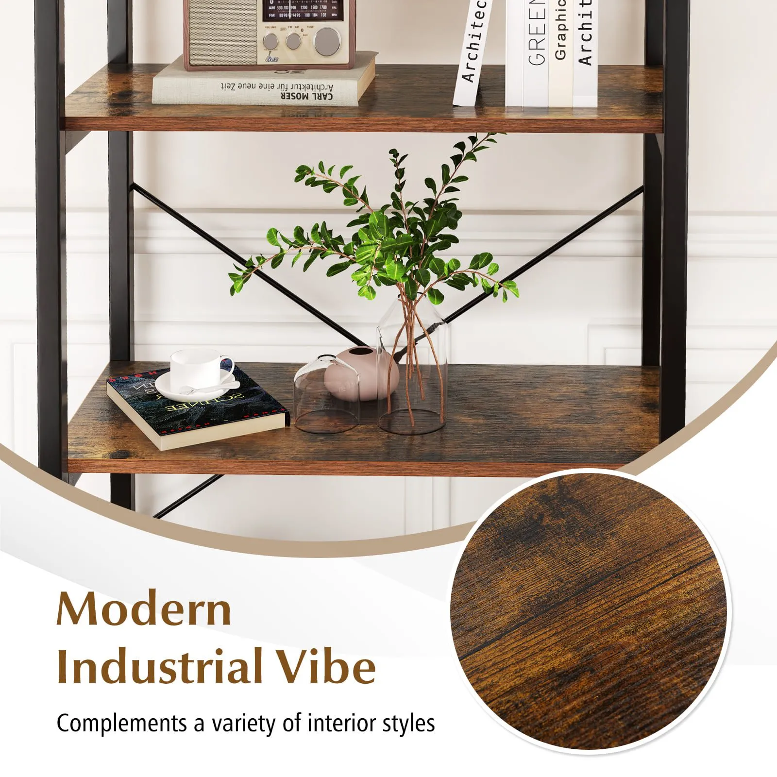 Costway 5-Tier Bookshelf Bookcase Display Rack with Metal Frame-Coffee in Dark Brown 6