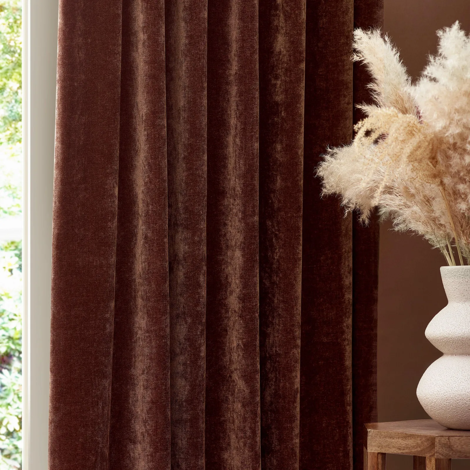 Yard Heavy Chenille Velvet Room Darkening Pencil Pleat Curtain Pair in Dark Brown 3