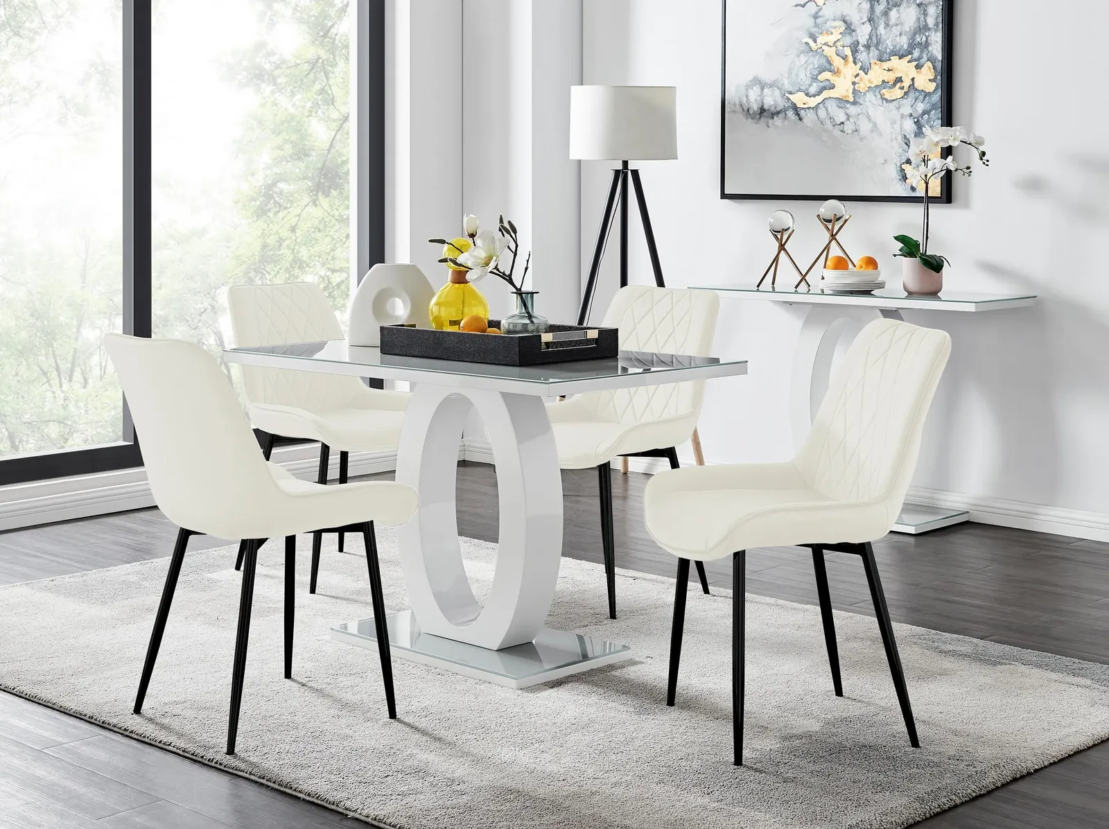 FurnitureboxUK Giovani 4 Grey Dining Table & 4 Pesaro Black Leg Chairs in Cream 1