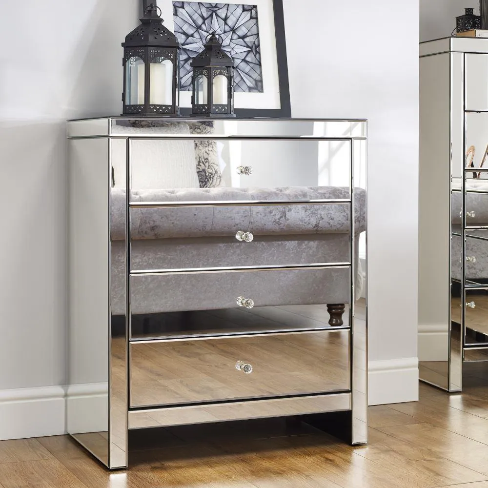 Seville - Mirrored 4 Drawer Chest - Mirror - Mirror/Glass - Happy Beds
