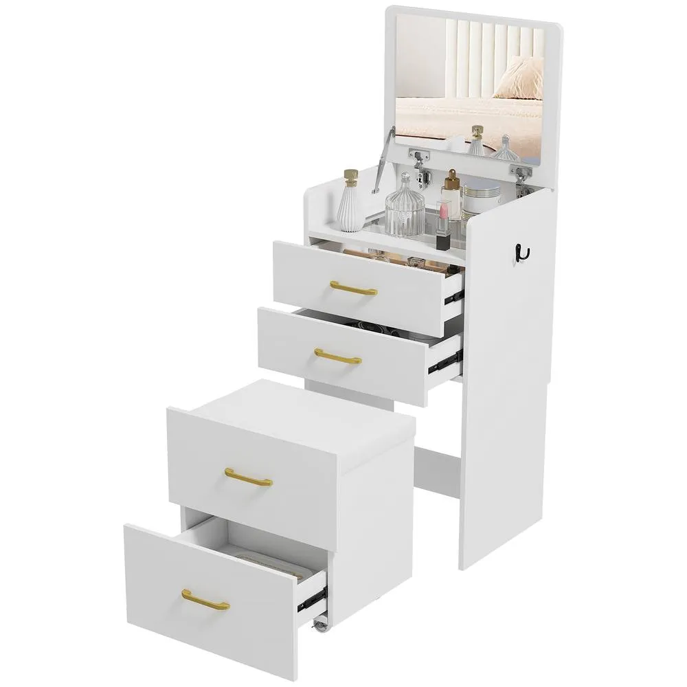 HOMCOM Two-Piece Dressing Table Vanity Desk with Mirror & Cushioned Stool in White