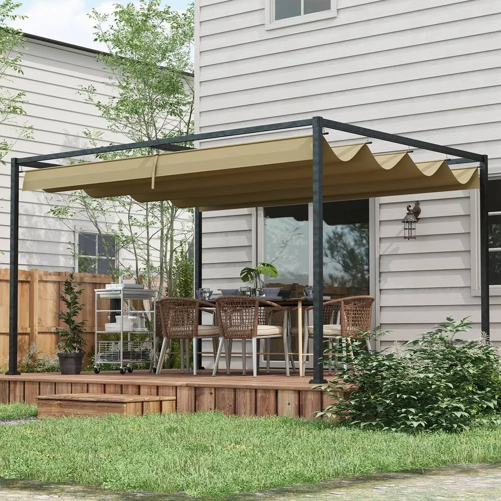 OUTSUNNY Metal Pergola Gazebo Patio Sunshelter Retractable Canopy in Khaki 2