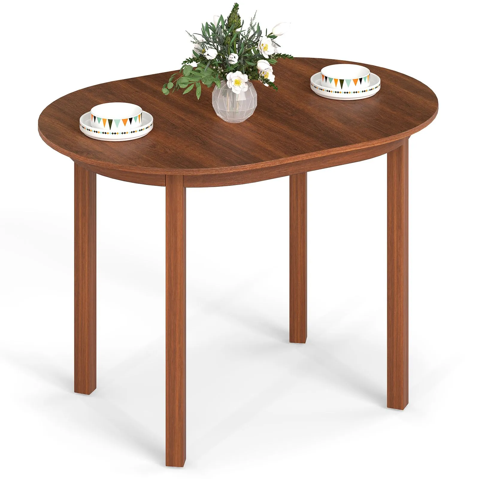 Costway 110CM Wooden Dining Table for 4-6 People Oval Kitchen Table in Walnut 2