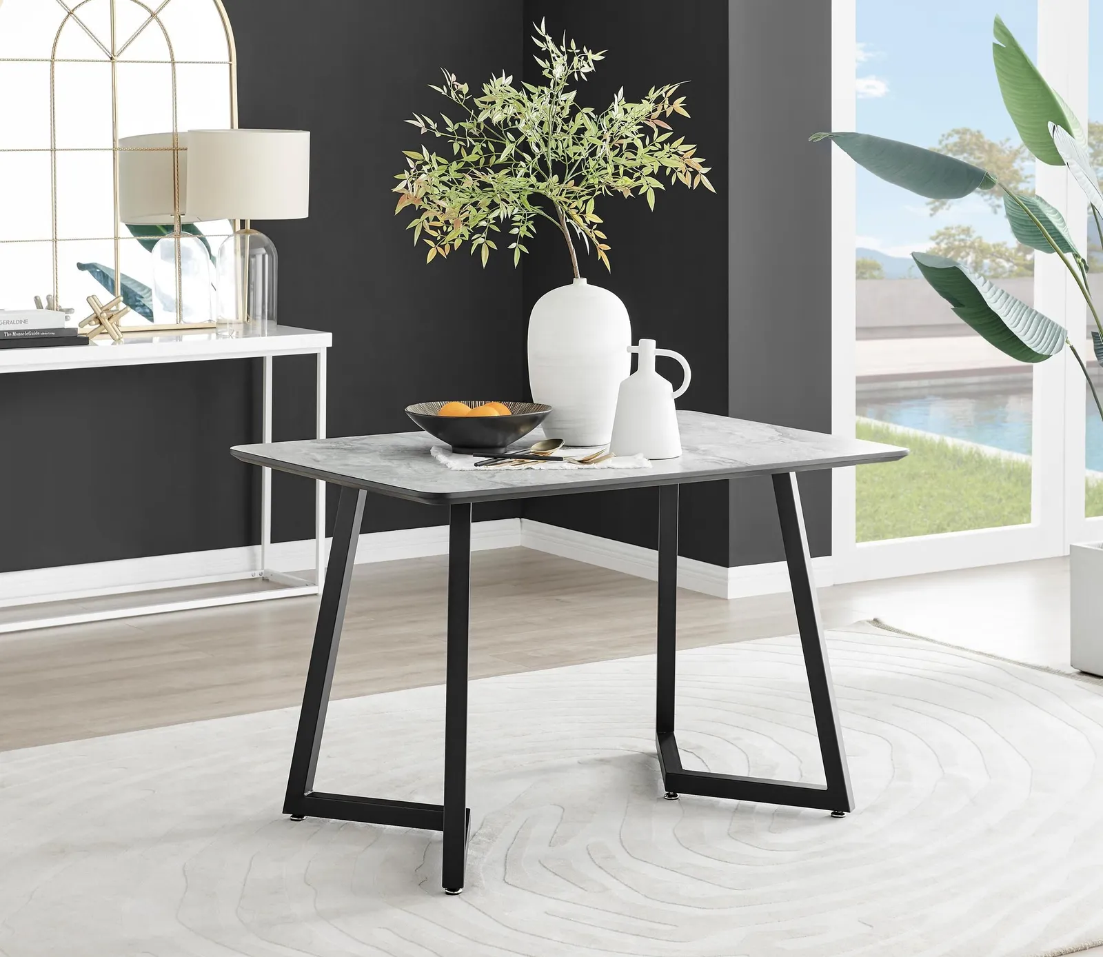 FurnitureboxUK Carson White Marble Effect Dining Table & 4 Pesaro Black Leg Chairs in Navy 2