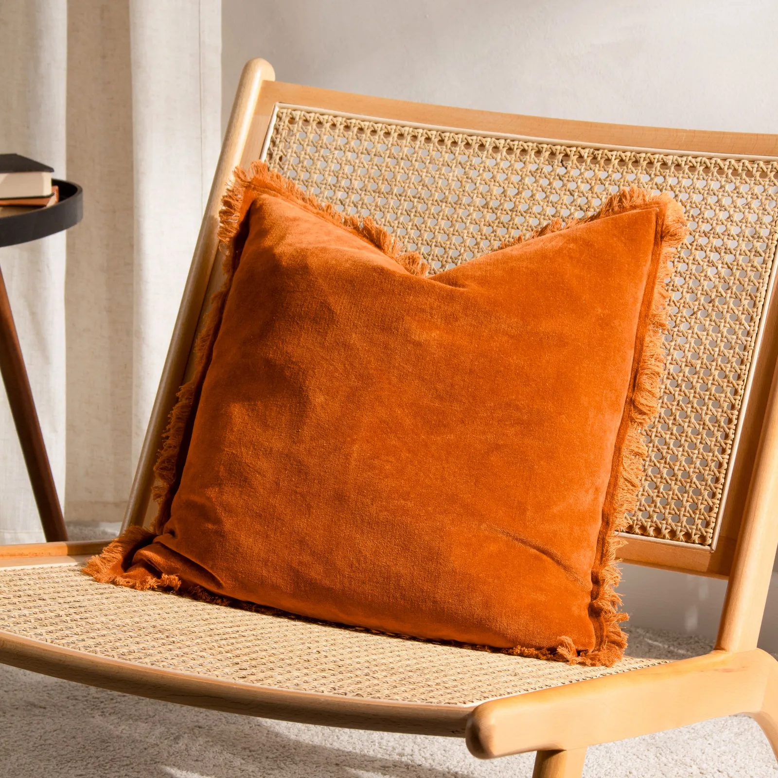 Yard Jaye 100% Cotton Velvet Fringed Cushion in Burnt Orange 1
